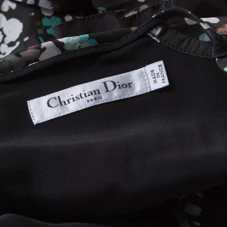 مملوكة مسبقًا Dior Black Floral Print Silk Ruffle Detail Dress S