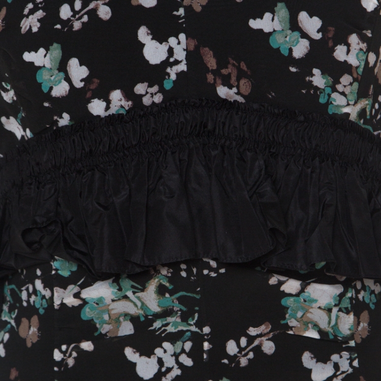 مملوكة مسبقًا Dior Black Floral Print Silk Ruffle Detail Dress S