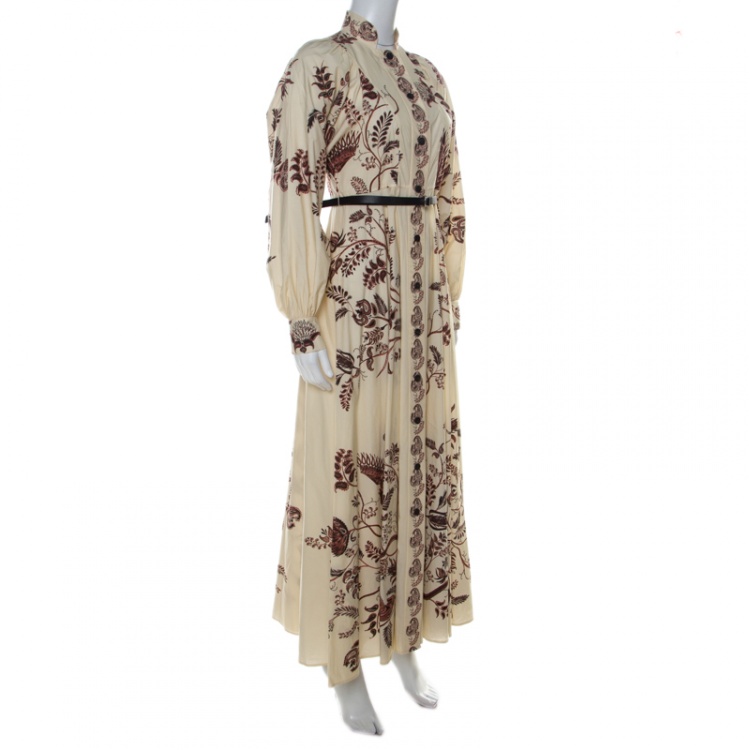 مملوكة مسبقًا Dior Cream Paisley Printed Cotton Bishop Sleeve Belted Maxi Dress M 