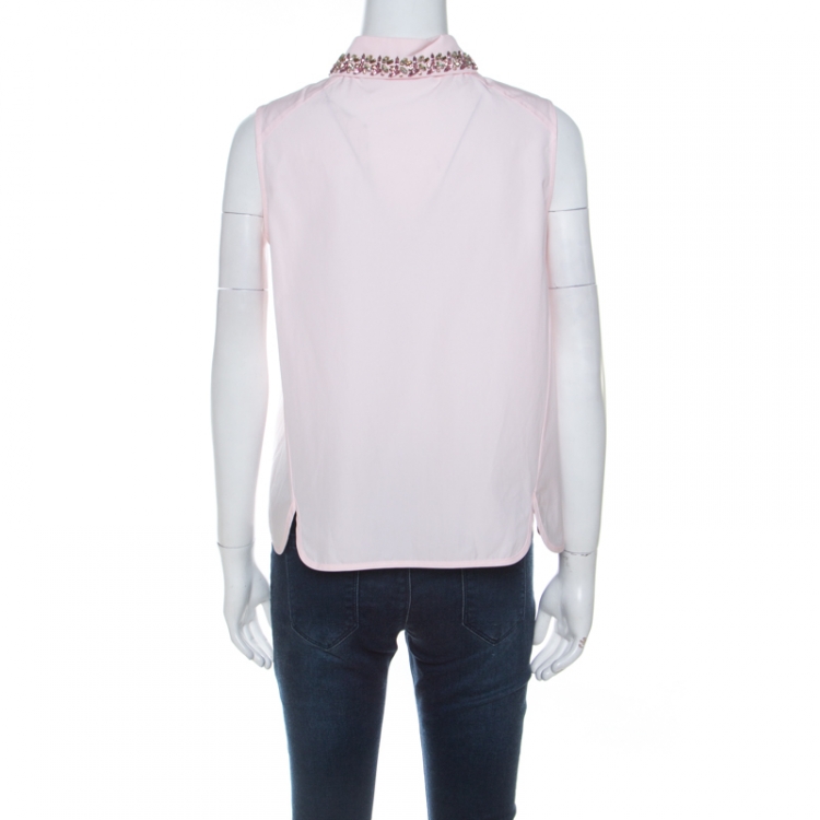 مملوكة مسبقًا Christian Dior Pink Cotton Crystal Embellished Collar Sleeveless Shirt S