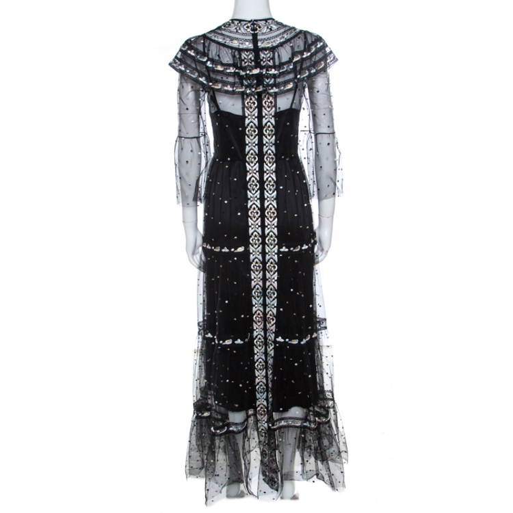 Pre Owned Christian Dior Black Embroidered Tulle Tiered Maxi Dress M