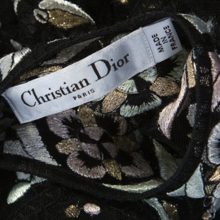 Pre Owned Christian Dior Black Embroidered Tulle Tiered Maxi Dress M