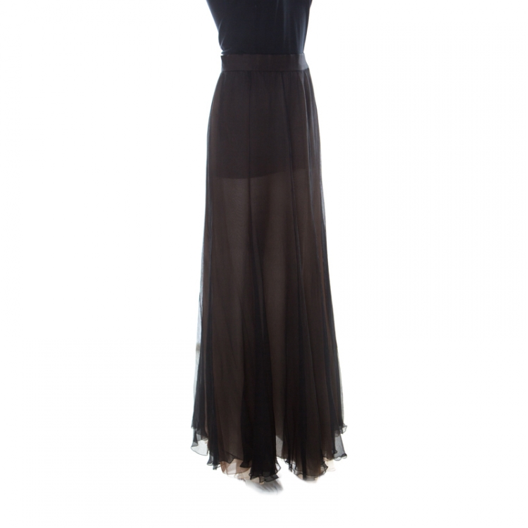 Pre Owned Christian Dior Vintage Black Chiffon Silk Layered Maxi Skirt L