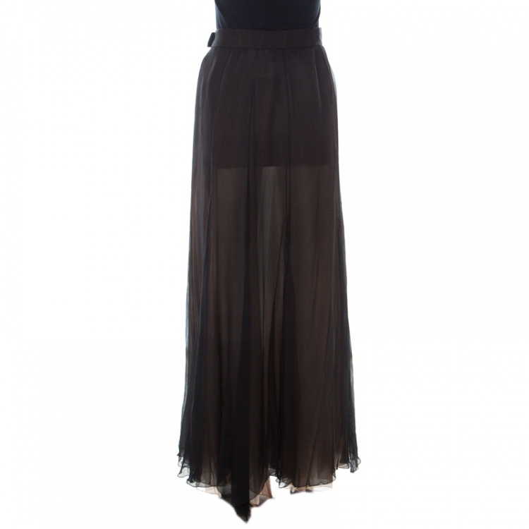 Pre Owned Christian Dior Vintage Black Chiffon Silk Layered Maxi Skirt L