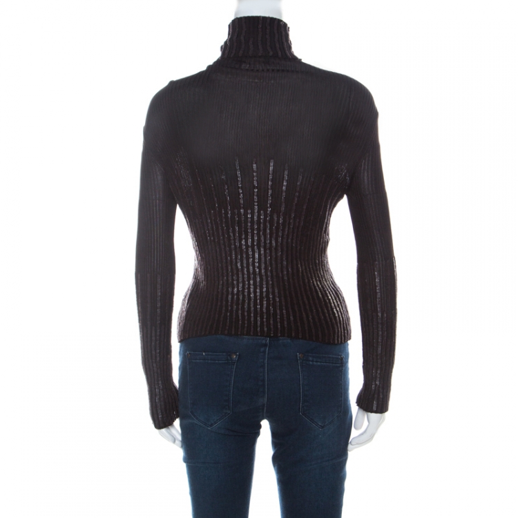مملوكة مسبقًا Dior Brown Ribbed Leather Sequin Detail Turtleneck Top L
