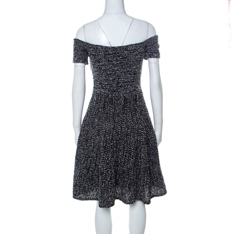 Pre Owned Christian Dior Monochrome Tweed Off Shoulder Fit and Flare Dress S