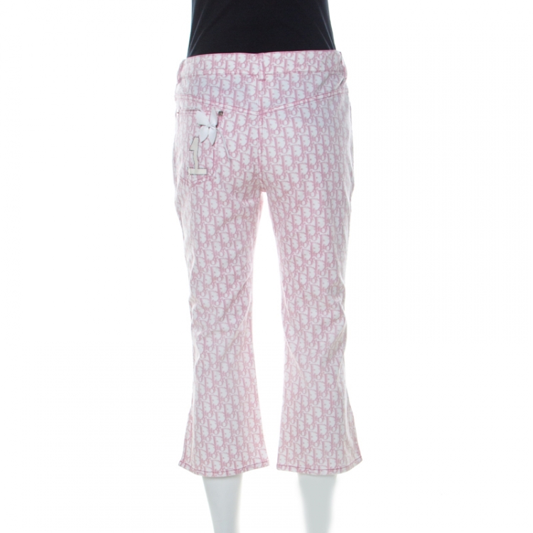 Pre Owned Dior Pink Monogram Denim Embellished Detail Cropped Pants L