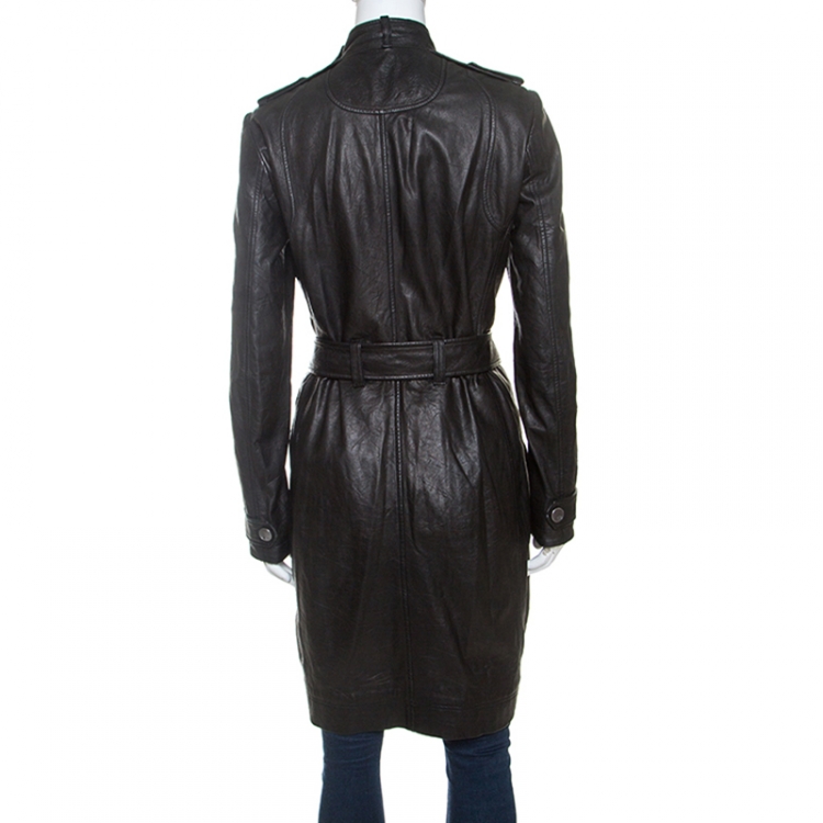 Pre Owned Dior Black Lambskin Belted Long Coat S