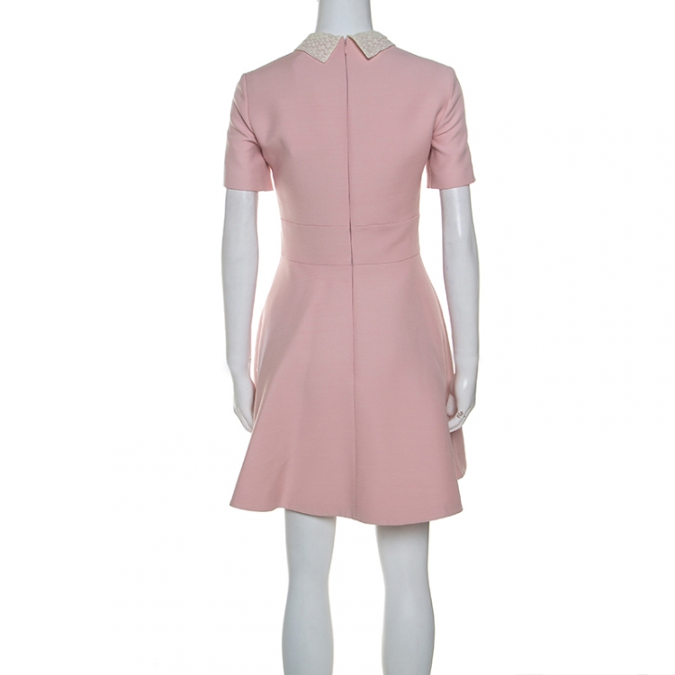 مملوكة مسبقًا Dior Pale Pink Wool Lace Collar Detail Flared Dress S 