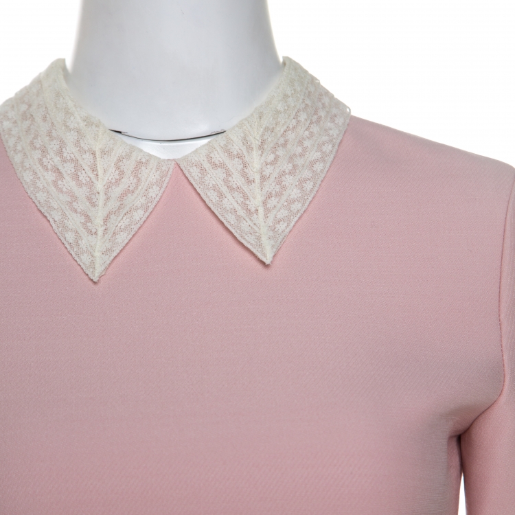 مملوكة مسبقًا Dior Pale Pink Wool Lace Collar Detail Flared Dress S 