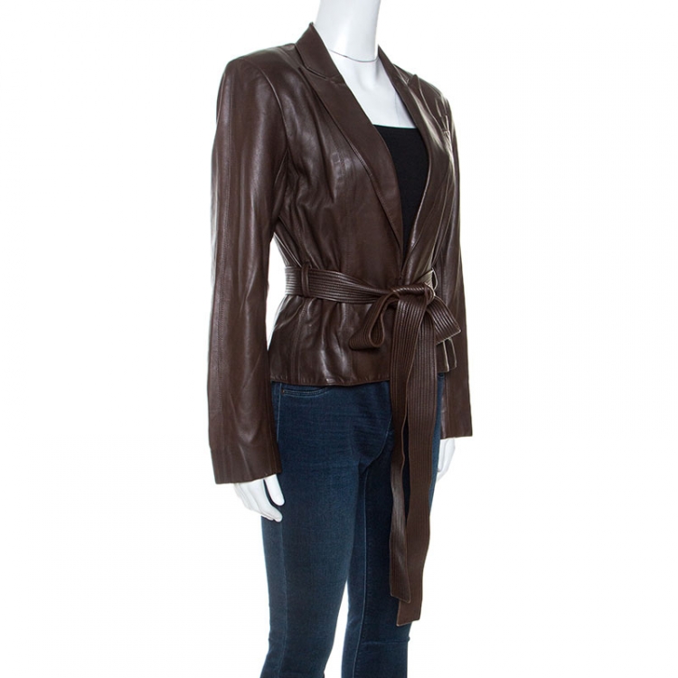 Pre Owned Christian Dior Boutique Brown Leather Belted Jacket M
