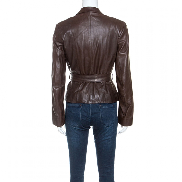 Pre Owned Christian Dior Boutique Brown Leather Belted Jacket M
