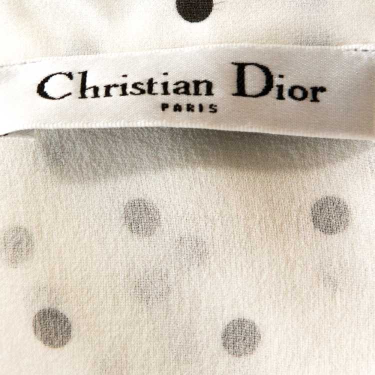 Pre Owned Dior White & Black Silk Polka Dot Pleated Dress M
