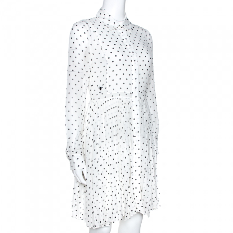 Pre Owned Dior White & Black Silk Polka Dot Pleated Dress M