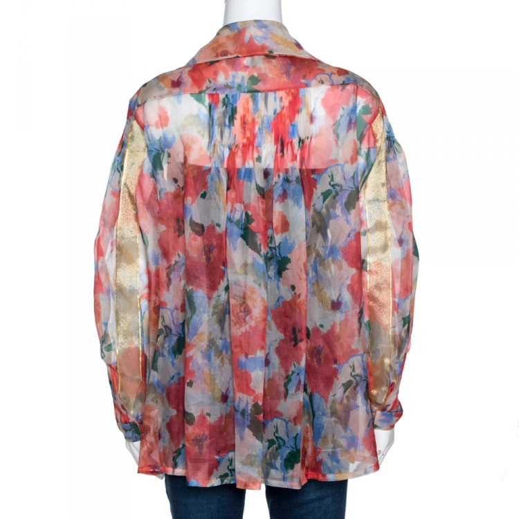 Pre Owned Christian Dior Boutique Multicolor Floral Print Silk Oversized Blouse L