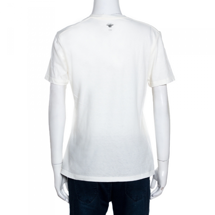 Pre Owned Dior Off White Flower Power Print Cotton Linen T-Shirt S