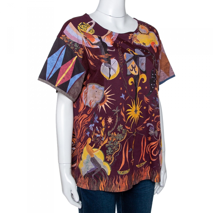 Pre Owned Dior Maroon Linen Blend Tarot Print T Shirt M 