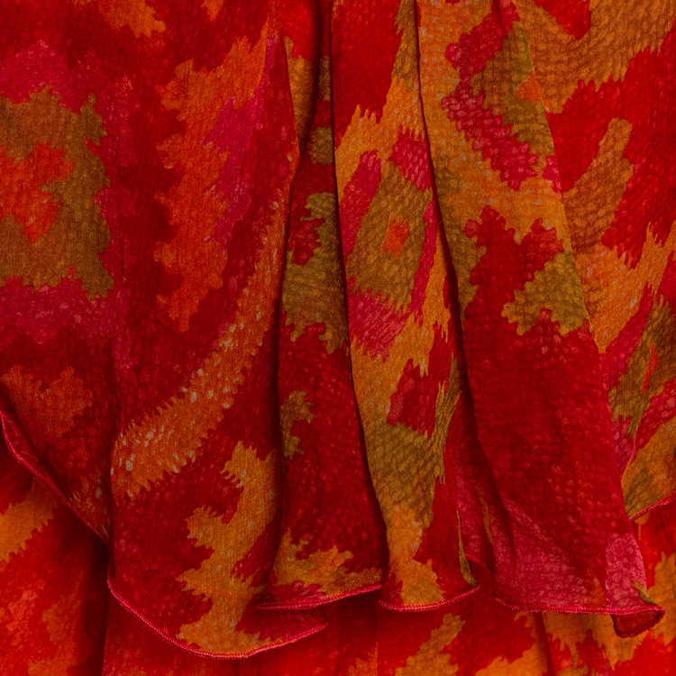 Pre Owned Christian Dior Boutique Orange Abstract Printed Chiffon Ruffled Top S