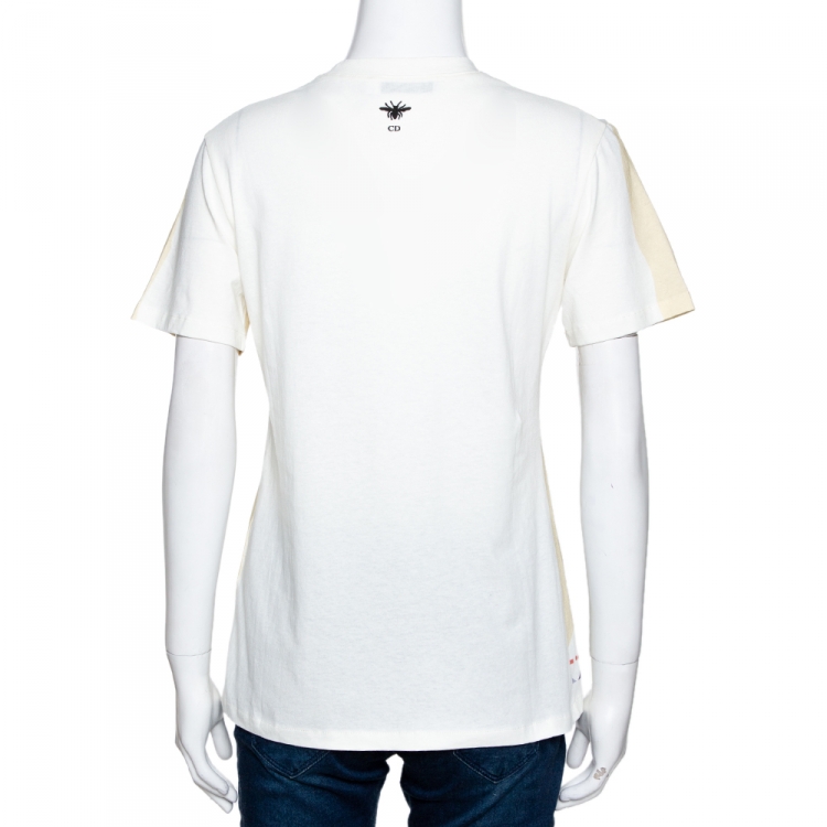 Pre Owned Dior Cream Printed Cotton Linen Crew Neck T-Shirt M