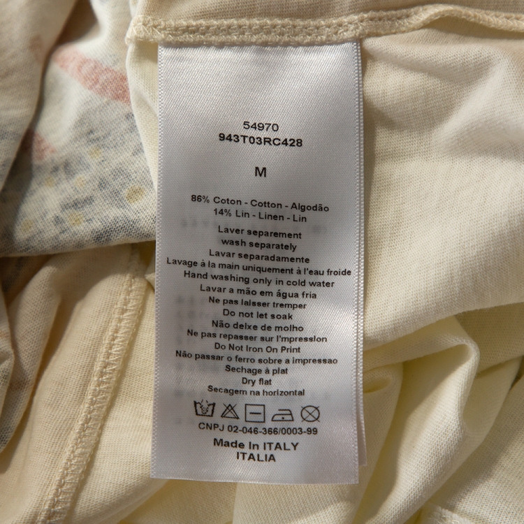 Pre Owned Dior Cream Printed Cotton Linen Crew Neck T-Shirt M