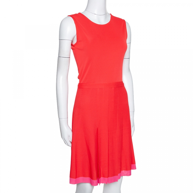 Pre Owned Dior Red Knit Pleat Detail Belted Sleeveless Dress M