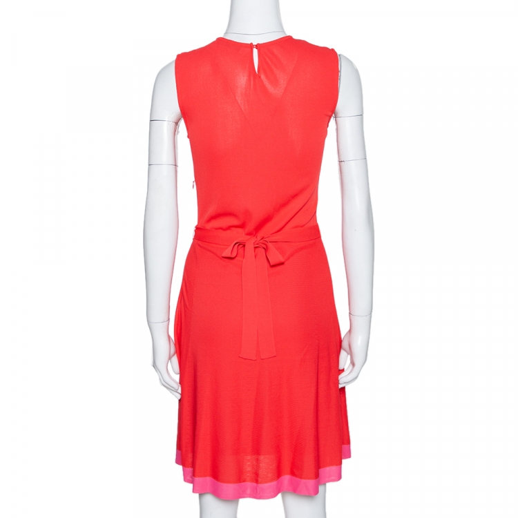 Pre Owned Dior Red Knit Pleat Detail Belted Sleeveless Dress M
