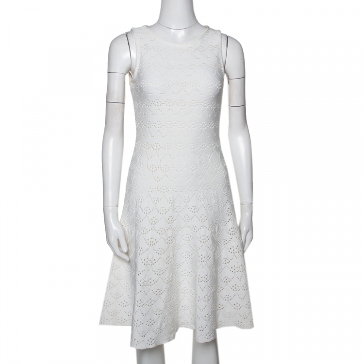 Pre Owned Dior Ivory Cotton Pointelle Knit Sleeveless A Line Dress S