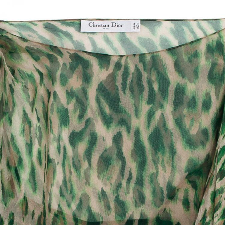 Pre Owned Christian Dior Green Leopard Printed Chiffon Top L