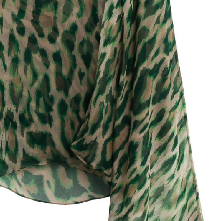 Pre Owned Christian Dior Green Leopard Printed Chiffon Top L