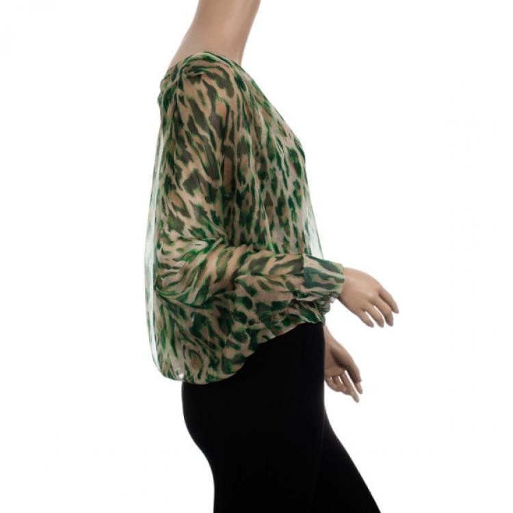Pre Owned Christian Dior Green Leopard Printed Chiffon Top L