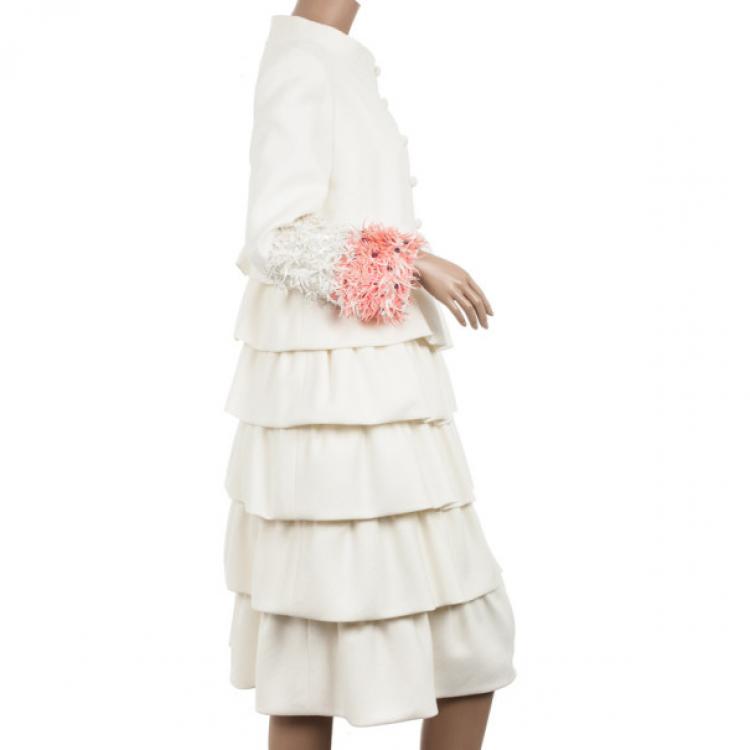 Pre Owned Christian Dior Cream Ruffled Embellished Sleeve Coat M