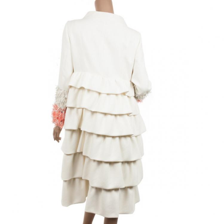Pre Owned Christian Dior Cream Ruffled Embellished Sleeve Coat M
