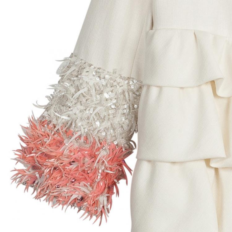 Pre Owned Christian Dior Cream Ruffled Embellished Sleeve Coat M