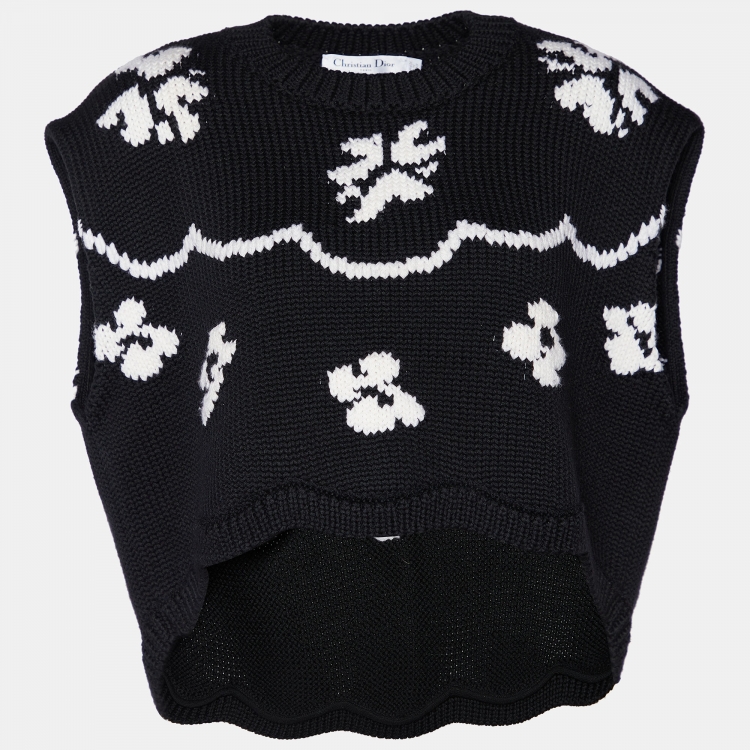 Pre Owned Christian Dior Black Intarsia Knit Scallop Hem Sweater M