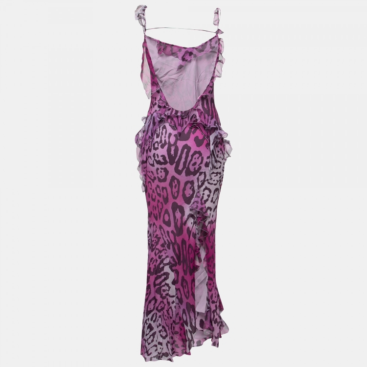 Pre Owned Christian Dior Purple Cheetah Prink Silk-Chiffon Asymmetric Ruffled Dress M