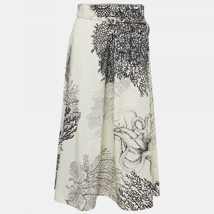 Pre Owned Dior Monochrome Coral Reef Print Cotton Belted Skirt L