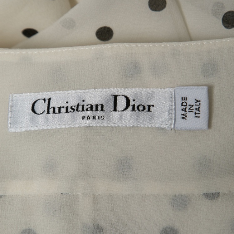 Pre Owned Christian Dior White Polka Dot Silk Chiffon Midi Skirt M