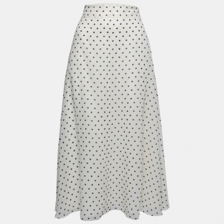 Pre Owned Christian Dior White Polka Dot Silk Chiffon Midi Skirt M