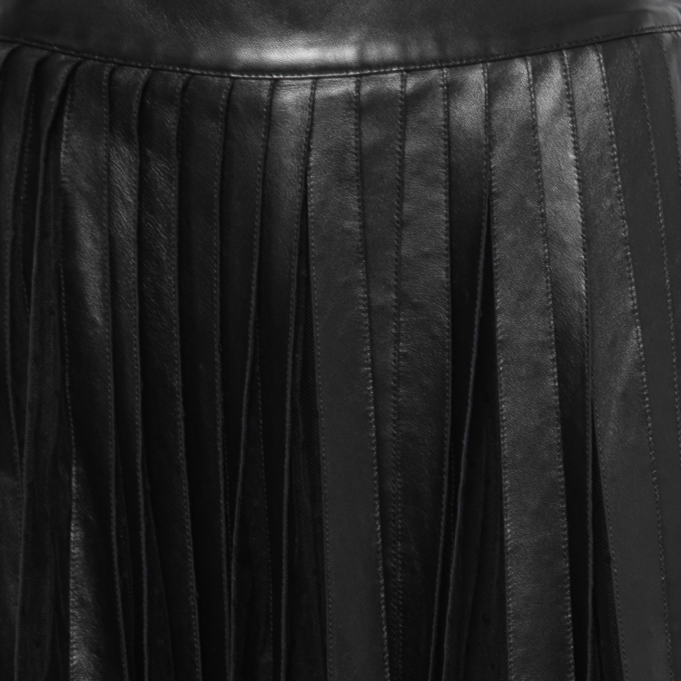 Pre Owned Christian Dior Black Leather & Tulle Paneled Midi Skirt S