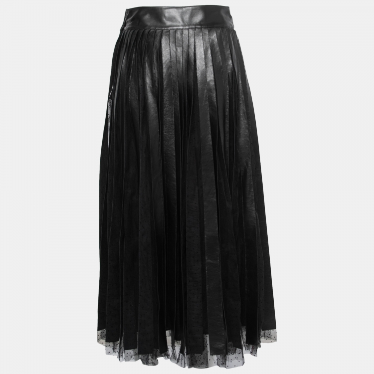 Pre Owned Christian Dior Black Leather & Tulle Paneled Midi Skirt S