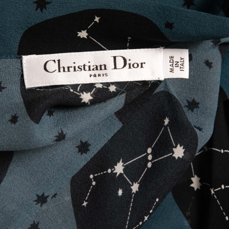 Pre Owned Dior Blue Constellation Printed Silk Tie-Neck Detail A-Line Midi Dress S
