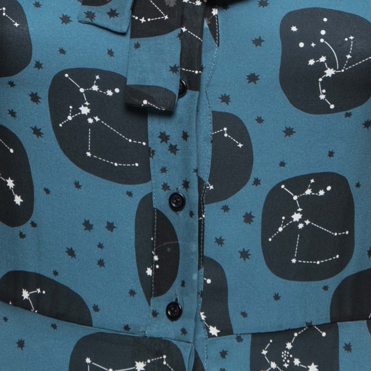 Pre Owned Dior Blue Constellation Printed Silk Tie-Neck Detail A-Line Midi Dress S