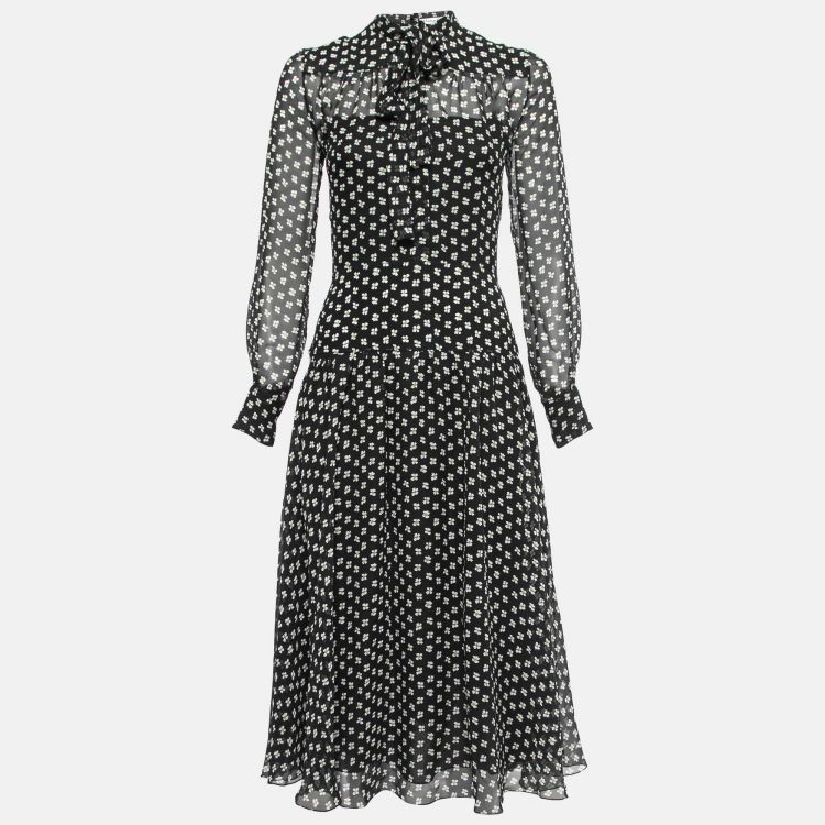 مملوكة مسبقًا Dior Black Floral Printed Silk Button Front Flared Midi Dress S