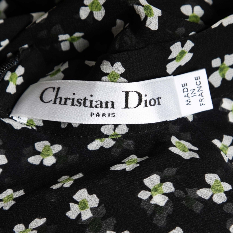 مملوكة مسبقًا Dior Black Floral Printed Silk Button Front Flared Midi Dress S