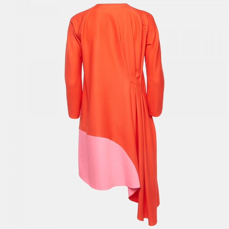 Pre Owned Dior Red/Pink Pleated Crepe Long Sleeve Asymmetrical Dress S