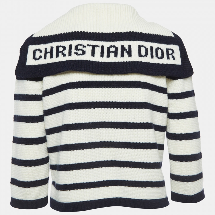 Pre Owned Christian Dior Cream/Navy Blue Striped Knit Buttoned Cardigan M