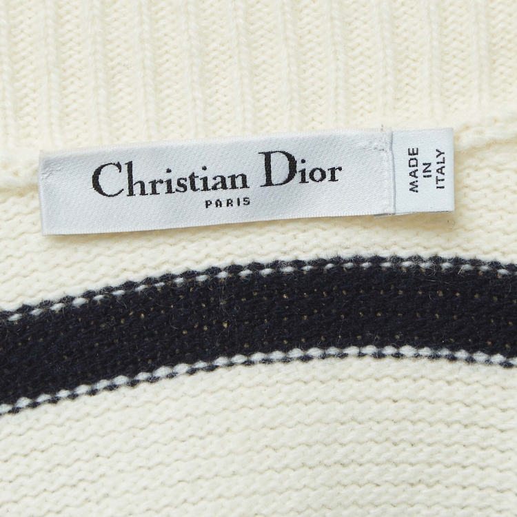 Pre Owned Christian Dior Cream/Navy Blue Striped Knit Buttoned Cardigan M