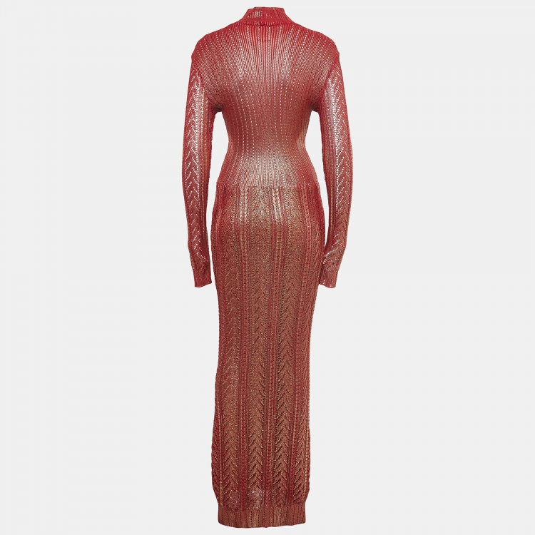Pre Owned Christian Dior Boutique Red/Metallic Gold Effect Cable Knit Maxi Dress M