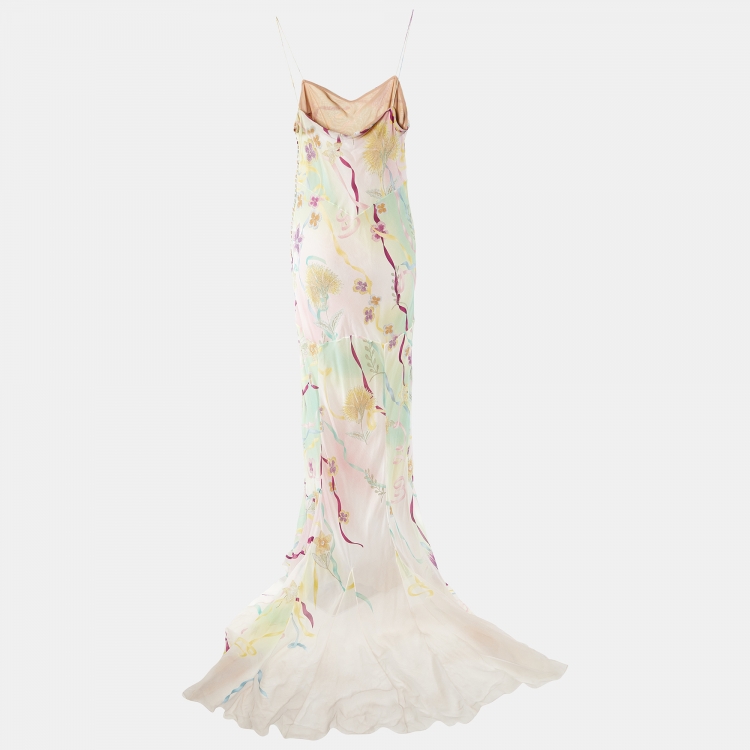 Pre Owned Dior Vintage Green/Pink Floral Print Silk Maxi Dress L