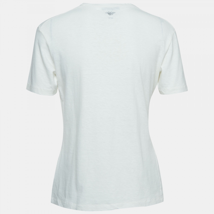 Pre Owned Dior White Printed Cotton and Linen Crew Neck T-Shirt S